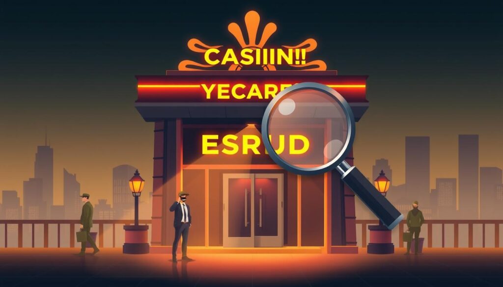 A sleek and modern anti-fraud illustration depicting a stylized casino facade, with security guards at the entrance and a magnifying glass hovering over the scene, symbolizing vigilance and detection. The background features a cityscape skyline, hinting at the broader landscape of online gambling. Warm lighting casts an authoritative yet inviting atmosphere, while subtle textures and a muted color palette convey a sense of professionalism and trustworthiness. The overall composition suggests a comprehensive approach to safeguarding players from fraudulent activities in the rapidly evolving world of online entertainment.