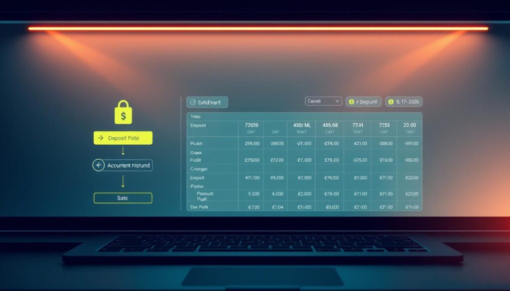 A sleek and modern banking interface with a clean, minimalist design. In the foreground, a stylized illustration depicts the deposit and withdrawal process, with simple icons and smooth transitions. The middle ground showcases a digital ledger, displaying account balances and transaction history in a clear, organized manner. The background features a subtle, sophisticated gradient, evocative of stability and security. Soft, directional lighting casts a warm glow, creating a sense of professionalism and trust. The overall composition conveys the efficiency and reliability of the online banking experience.