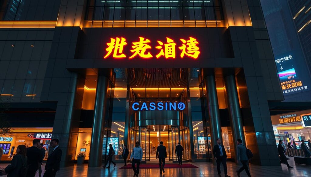 A sleek and modern casino facade with a vibrant neon sign that reads "頂尖娛樂城" in traditional Chinese characters. The building's architecture features clean, geometric lines and a mix of glass, steel, and polished stone elements. The entrance is flanked by towering columns and a grand revolving door, inviting visitors to step inside. The scene is illuminated by a warm, ambient lighting that creates a welcoming and luxurious atmosphere. In the foreground, a group of well-dressed patrons stroll towards the entrance, exuding an air of sophistication and excitement. The background showcases a bustling urban landscape, hinting at the city's vibrant nightlife and entertainment options. The overall composition conveys a sense of high-end, premium gaming experience.