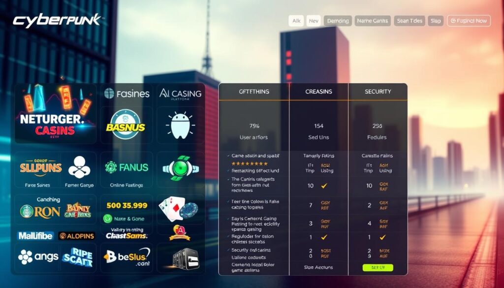 A sleek and modern digital gaming interface showcases an array of online casino options. In the foreground, various icons and logos represent different gambling platforms, highlighting their distinct features and branding. The middle ground depicts detailed comparison metrics, such as game selection, bonuses, user reviews, and security ratings, allowing users to objectively evaluate the offerings. The background features a minimalist cityscape, subtly suggesting the urban setting and accessibility of these virtual entertainment hubs. The overall composition conveys a sense of professionalism, innovation, and the ability to make informed decisions when selecting an online casino platform.