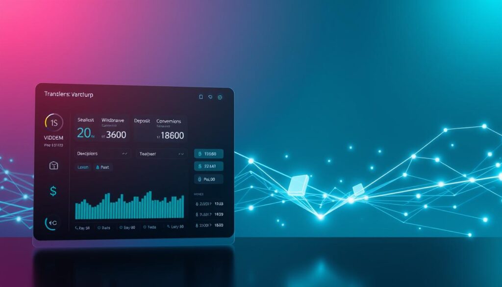 A sleek and modern financial interface showcasing the seamless flow of digital transactions. In the foreground, a minimalist dashboard displays real-time metrics for withdrawal speeds and deposit convenience, with intuitive icons and clean typography. The middle ground features a dynamic visualization of money transfers, represented by glowing lines and geometric shapes that dance across the screen. In the background, a subtle gradient of cool blues and greens conveys a sense of security and reliability, while the lighting casts a soft, ambient glow across the scene. The overall composition evokes a sense of efficiency, accessibility, and the effortless management of personal finances.