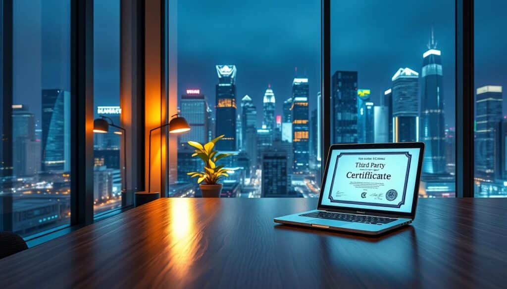 A sleek and modern office interior, with a large window overlooking a bustling city skyline. In the foreground, a polished wooden desk features a laptop displaying a digital certificate, symbolizing the third-party authentication process. A sophisticated lighting setup casts a warm, professional glow across the scene. In the middle ground, a potted plant and a stylish desk lamp add a touch of elegance. The background showcases the urban landscape, with towering skyscrapers and a vibrant, bustling atmosphere, emphasizing the significance of third-party certification in the online gaming industry.