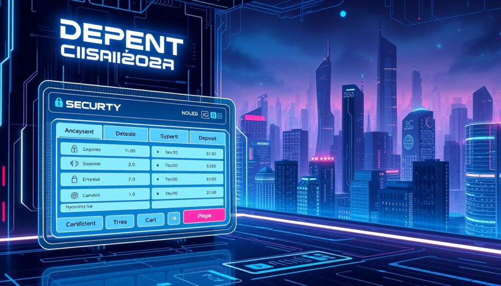 A sleek and modern online casino deposit management interface showcasing financial security and transaction safety. Set against a backdrop of high-tech digital atmosphere, with glowing neon lights, holographic elements, and a minimalist UI design. The foreground features a clean, intuitive deposit flow with encrypted icons, biometric authentication, and seamless connectivity to banking services. The middle ground depicts secure data servers, SSL certificates, and visual cues of encryption. In the background, a cityscape of skyscrapers and futuristic architecture symbolizes the reliability and trustworthiness of the online casino's financial infrastructure. The overall mood is one of technological sophistication, digital trust, and financial stability.