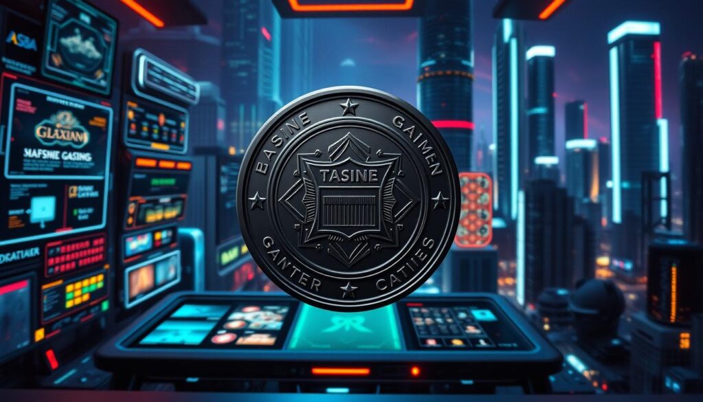 A sleek and modern online casino gaming certification authority, set against a backdrop of glowing digital interfaces and holographic displays. The foreground features an official seal or crest, emblazoned with intricate geometric patterns and symbols of trust and security. The middle ground showcases various gaming platforms and software suites, highlighted by crisp lines, metallic accents, and a sense of technological sophistication. The background is a futuristic cityscape, with towering skyscrapers and a vibrant, neon-lit atmosphere, conveying the scale and prominence of the certification institution. Crisp, dramatic lighting casts dynamic shadows, emphasizing the authority and credibility of this online gaming regulatory body.
