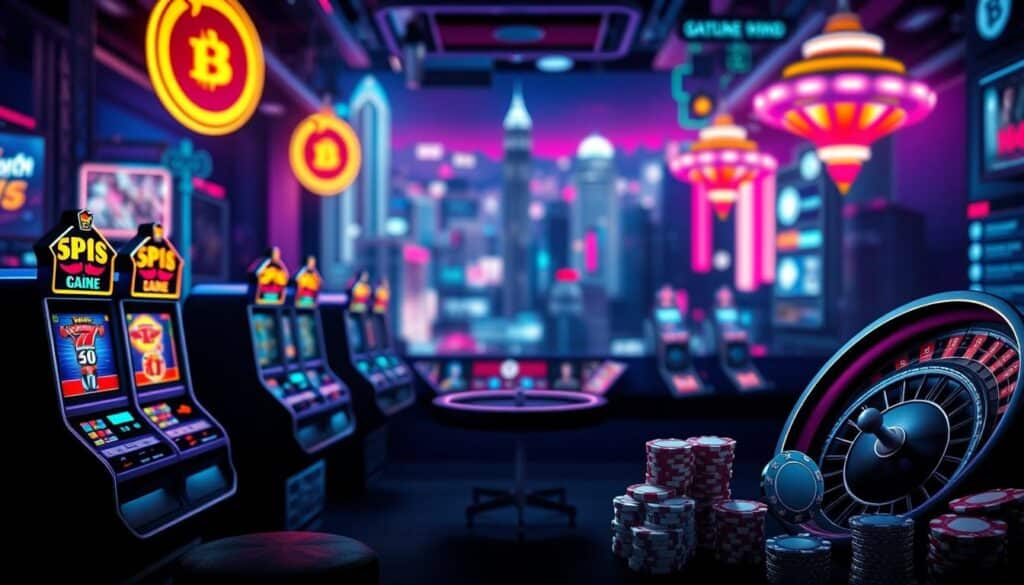 A sleek and modern online casino gaming interface, featuring a clean layout with bold typography and vibrant color accents. The foreground showcases various casino game icons, such as slot machines, roulette wheels, and poker chips, arranged in an eye-catching grid pattern. The middle ground depicts a blurred background of neon-lit cityscape, hinting at the excitement and energy of the virtual gaming experience. The lighting is sharp and defined, creating a sense of depth and highlighting the key elements. The overall atmosphere is one of sophistication, immersion, and the thrill of high-stakes gameplay.