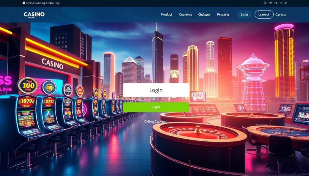 A sleek and modern online casino website, featuring a clean layout and vibrant color scheme. In the foreground, an inviting login screen with a prominent "Login" button, hinting at the seamless user experience. The middle ground showcases various casino games, including slot machines, roulette, and card tables, all rendered in high-definition graphics. In the background, a cityscape backdrop with skyscrapers and neon lights, creating an urban, high-energy atmosphere. The overall composition conveys a sense of excitement, security, and professionalism, encouraging users to explore the offerings of this reliable and thrilling online gambling destination.