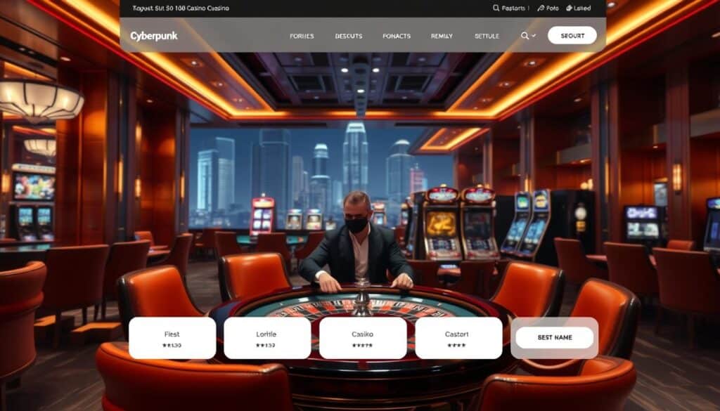 A sleek and modern online casino website with a clean and minimalist design. The website's homepage features a large, high-resolution hero image showcasing a luxurious casino interior, complete with plush leather chairs, polished wood accents, and soft, warm lighting. In the foreground, a group of well-dressed patrons are seated at a roulette table, their faces obscured to maintain privacy. The middle ground features a selection of popular casino games, including blackjack, poker, and slot machines, all rendered in stunning detail. The background is a softly blurred cityscape, hinting at the excitement and cosmopolitan atmosphere of the casino's location. The overall mood is one of sophistication, elegance, and the promise of a premium gaming experience.