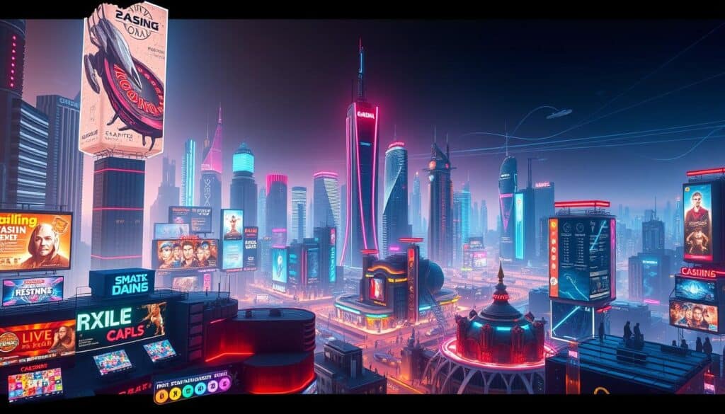 A sleek and modern online entertainment city skyline, bathed in a warm glow of neon lights and digital displays. In the foreground, a vibrant array of virtual casino games, interactive live-streamed events, and social hubs teeming with dynamic avatars. The middle ground features towering skyscrapers adorned with holographic billboards, casting long shadows across the bustling metropolis. In the background, a futuristic landscape of interconnected data centers and servers, powering the immersive digital experiences. The scene conveys a sense of excitement, innovation, and endless possibilities within the virtual world of online entertainment.
