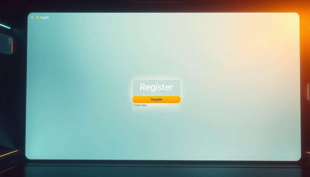 A sleek and modern online gaming registration interface with a clean, minimalist design. The screen is divided into several sections, with a prominent "Register" button in the center. The user navigates through the steps of the registration process, which are clearly laid out in a linear flow. The interface is bathed in a soft, warm lighting, creating a welcoming and inviting atmosphere. The color palette is a harmonious blend of subtle blues and grays, with accents of gold and white to convey a sense of professionalism and trustworthiness. The overall composition is balanced and visually pleasing, guiding the user through the registration journey seamlessly.