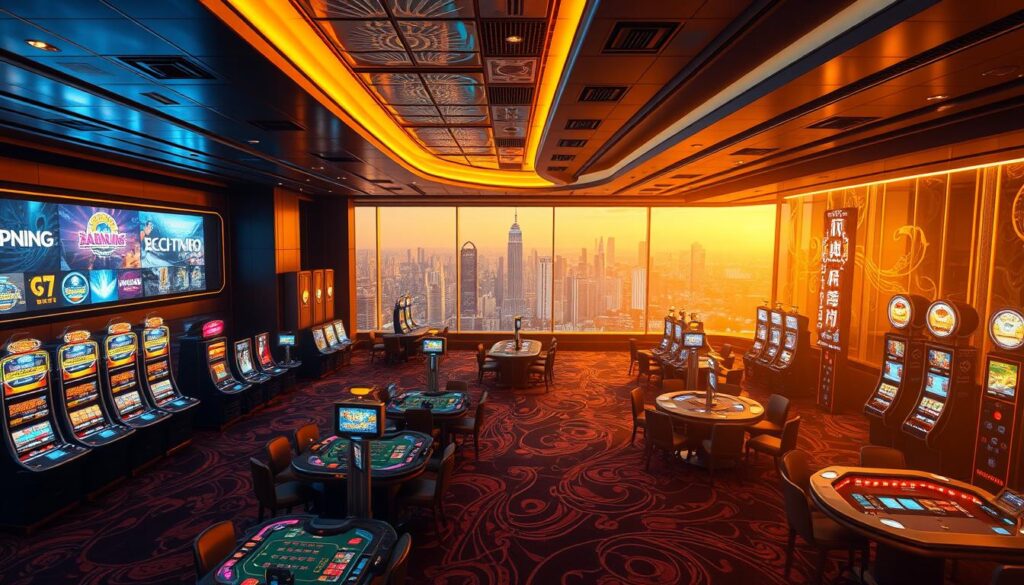 A sleek and modern virtual casino interior, bathed in warm, golden lighting. In the foreground, a range of high-quality gambling tables and slot machines, each inviting players to try their luck. The middle ground showcases a variety of entertainment options, from live performances to exclusive lounges, all designed to immerse the player in a luxurious and thrilling experience. In the background, a panoramic view of a bustling city skyline, hinting at the excitement and possibilities that await within the casino walls. The overall atmosphere exudes sophistication, elegance, and the allure of a premier gaming destination, perfect for discerning Taiwanese players seeking the ultimate entertainment experience.