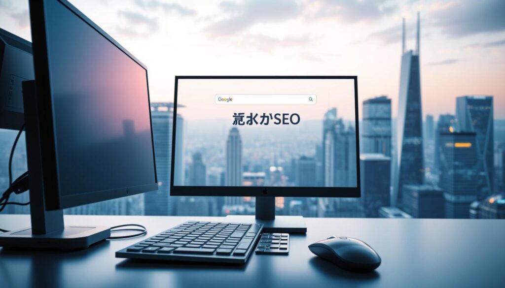 A sleek and modern website interface with clean lines and a minimalist aesthetic. In the foreground, a computer monitor displays a search engine results page, showcasing the title "技術SEO" in bold, elegant text. The middle ground features a keyboard and mouse, symbolizing the interactivity and hands-on nature of search engine optimization. In the background, a cityscape of skyscrapers and tech hubs suggests the urban, connected environment in which this digital marketing strategy thrives. The lighting is crisp and cool, conveying a sense of professionalism and efficiency. The overall scene evokes a harmonious blend of technology, strategy, and visual appeal.