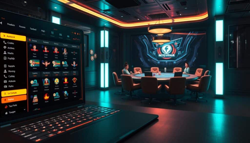 A sleek and professional-looking online poker platform with a clean, modern interface. The foreground shows the main dashboard or lobby, featuring a grid of poker game options and user account details. The middle ground showcases a high-stakes tournament in progress, with players' avatars and chip stacks visible. The background depicts a dimly lit, luxurious poker room with plush leather chairs, low lighting, and a sense of high-stakes intensity. The overall mood is one of sophistication, strategy, and the thrill of competitive online poker.