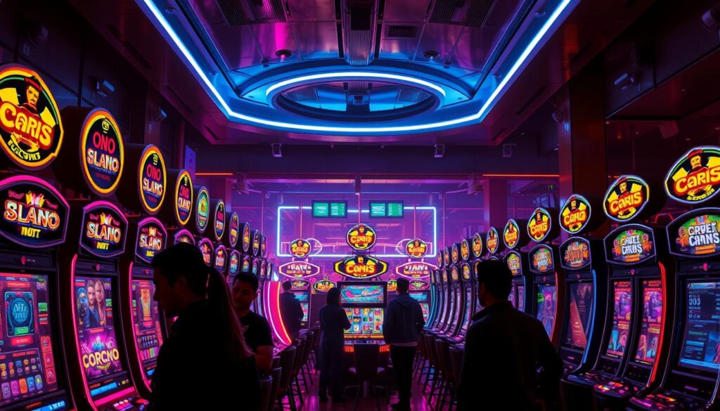 A sleek, futuristic gaming hall with rows of vibrant, high-tech slot machines and arcade cabinets. Neon lights and digital displays create a pulsing, immersive atmosphere. Patrons, silhouetted against the machines, are engrossed in the games, their faces illuminated by the alluring glow. The space is clean, modern, and meticulously designed to captivate and entertain. Cinematic lighting casts dramatic shadows, heightening the sense of excitement and anticipation. The image captures the essence of a cutting-edge, technologically advanced online gaming experience.