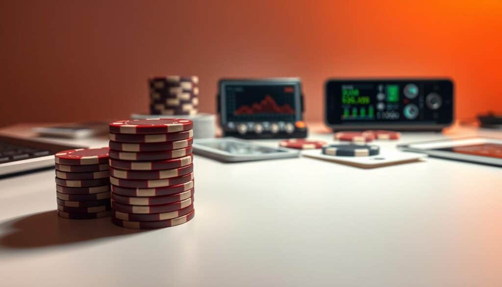 A sleek, minimalist desktop scene, with a stack of poker chips in the foreground, casting subtle shadows. In the middle ground, a collection of poker-related tools and accessories, including a deck of cards, a chipped poker set, and a small digital device displaying analytical data. The background is softly blurred, with a neutral color palette, creating a sense of focus and calm. Warm, directional lighting illuminates the scene, emphasizing the tactile nature of the objects and the precision of the tools. The overall composition and styling convey a sense of sophistication and professionalism, suitable for illustrating an article about honing online poker skills.