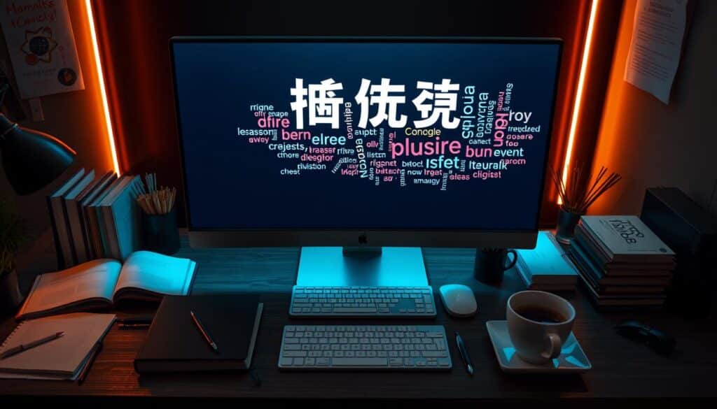 A sleek, minimalist desktop workspace with a large monitor displaying a word cloud of "關鍵字研究" in various sizes and colors, surrounded by an assortment of research materials such as books, notepads, and a cup of coffee. The lighting is warm and focused, creating a contemplative atmosphere. The camera angle is slightly elevated, providing a bird's-eye view of the carefully curated setup, emphasizing the importance and attention to detail in the keyword research process.