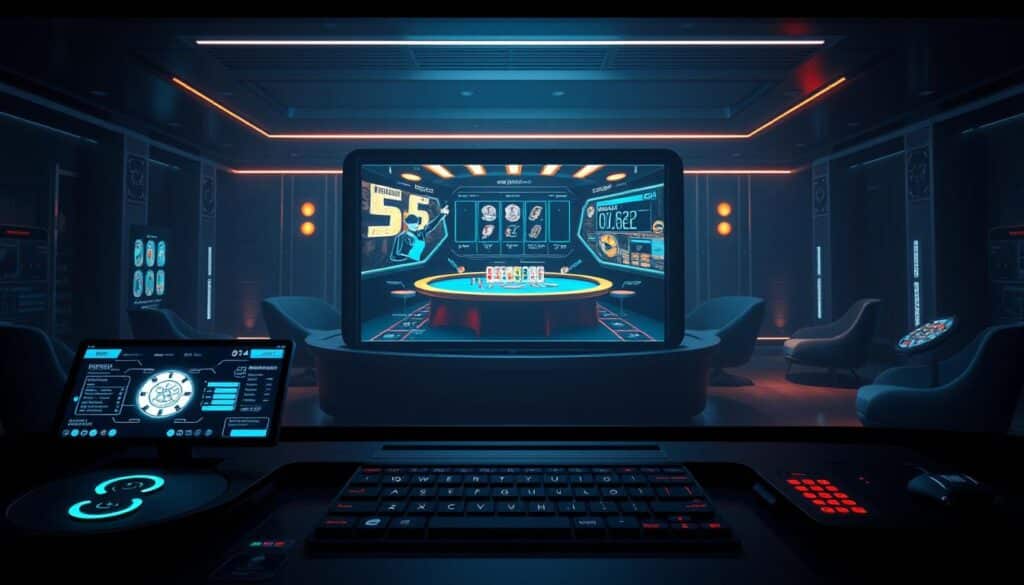 A sleek, minimalist rendering of a modern online casino interface. In the foreground, stylized icons and UI elements suggest the various gambling options and services available. The middle ground features a large, central display screen showcasing an elegant, high-stakes game in progress. The background is a dimly lit, luxurious environment with subtle lighting casting a warm, inviting glow. The overall composition conveys a sense of sophistication, high-tech capability, and the allure of easy money through strategic gameplay and house advantages. The image should evoke the notion of an online gambling platform's inherent profitability and edge over the player.