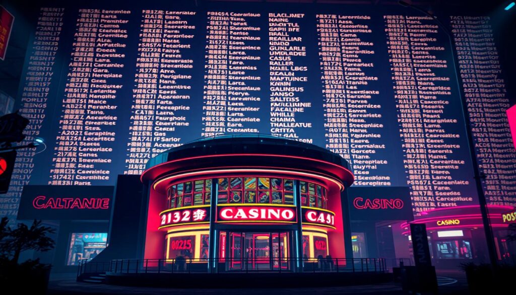 A sleek, modern casino facade dominates the foreground, its neon lights and opulent design hinting at the illicit activities within. In the background, a shadowy list of names emerges, representing the 2025 gaming fraud blacklist - a cautionary tale for unwary players. The scene is bathed in a cool, angular lighting that accentuates the menacing atmosphere, while a shallow depth of field draws the viewer's attention to the central casino structure. This image conveys the stark warning of the "2025 娛樂城詐騙名單" - a sobering reminder of the dangers that lurk in the world of online gambling.