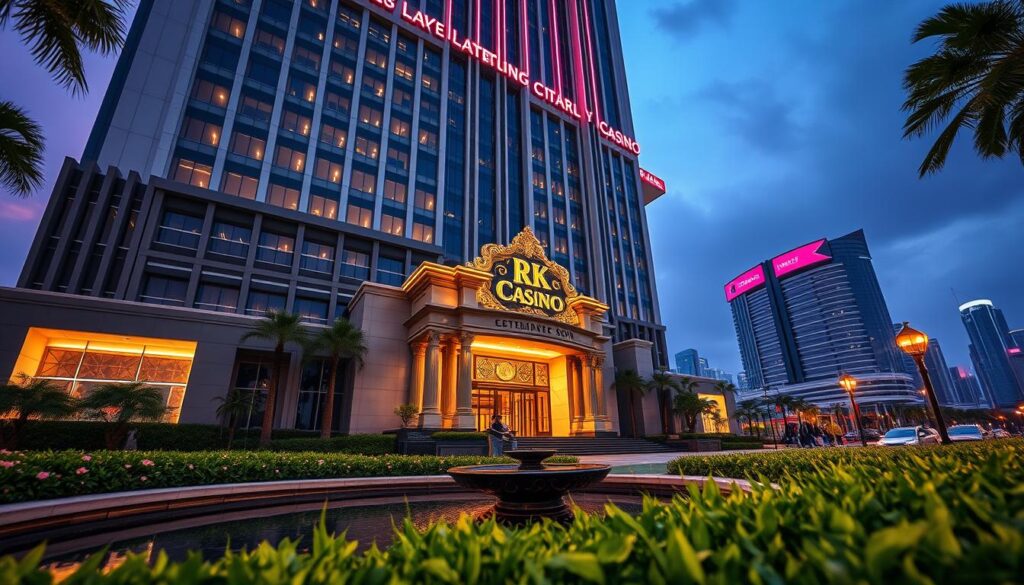 A sleek, modern casino facade stands tall, its neon lights and elegant design reflecting the strategic SEO approach of RK Entertainment City. The building is captured in a low-angle perspective, emphasizing its grandeur and imposing presence. The foreground features carefully manicured landscaping, with lush greenery and a water feature that adds a sense of tranquility. The middle ground showcases the casino's entrance, framed by ornate architectural details and illuminated by warm, inviting lighting. In the background, a city skyline can be seen, hinting at the casino's prime location and its integration within the larger urban landscape. The overall scene conveys a sense of luxury, sophistication, and a successful digital marketing strategy that has elevated RK Entertainment City's online visibility and brand recognition.