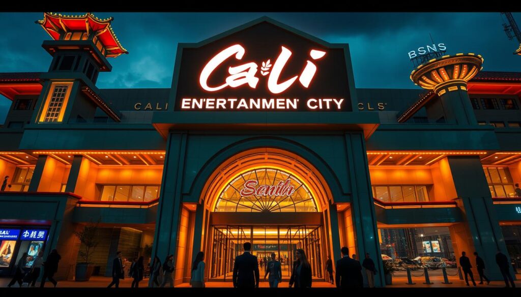 A sleek, modern casino facade with a neon-lit sign reading "Cali Entertainment City" in a stylized Asian script. The building features a blend of contemporary architecture and traditional design elements, such as ornate roofs and intricate facades. The entrance is flanked by towering columns and a grand archway, inviting visitors to explore the luxurious interior. The scene is illuminated by a warm, golden glow, creating an atmosphere of excitement and anticipation. In the foreground, a group of well-dressed patrons stroll towards the entrance, while in the background, the cityscape of a bustling metropolis can be seen, hinting at the vibrant entertainment options within.