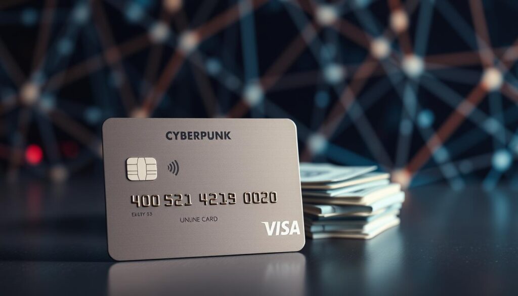 A sleek, modern credit card with a crisp, minimalist design stands prominently in the foreground. The card's surface reflects soft, natural lighting, casting delicate shadows that add depth and dimension. In the middle ground, a stacked pile of money in varying denominations suggests the process of depositing funds, while the background features a blurred, abstract pattern of intersecting lines and shapes, evoking the digital world of online banking and transactions. The overall composition conveys a sense of convenience, security, and the seamless integration of traditional financial services with modern technology.