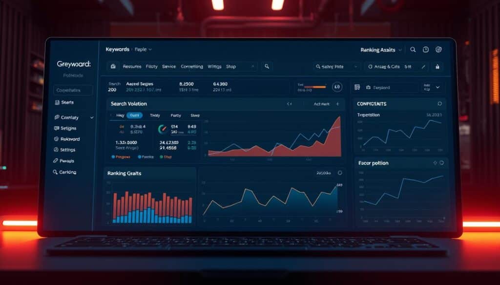 A sleek, modern dashboard displaying comprehensive SEO keyword analysis, with a central focus on ranking data presented in an intuitive, visually-appealing manner. The foreground showcases a clean, minimalist interface highlighting key metrics such as search volume, competition, and ranking position. The middle ground features interactive graphs and charts, offering deep insights into keyword performance over time. The background subtly conveys a sense of technological sophistication, with muted gradients and subtle geometric patterns creating a visually-striking, yet functional aesthetic. Warm, soft lighting illuminates the workspace, fostering an atmosphere of data-driven productivity. The overall composition strikes a balance between analytical precision and aesthetic appeal, reflecting the power of SEO tools in optimizing keyword strategies.