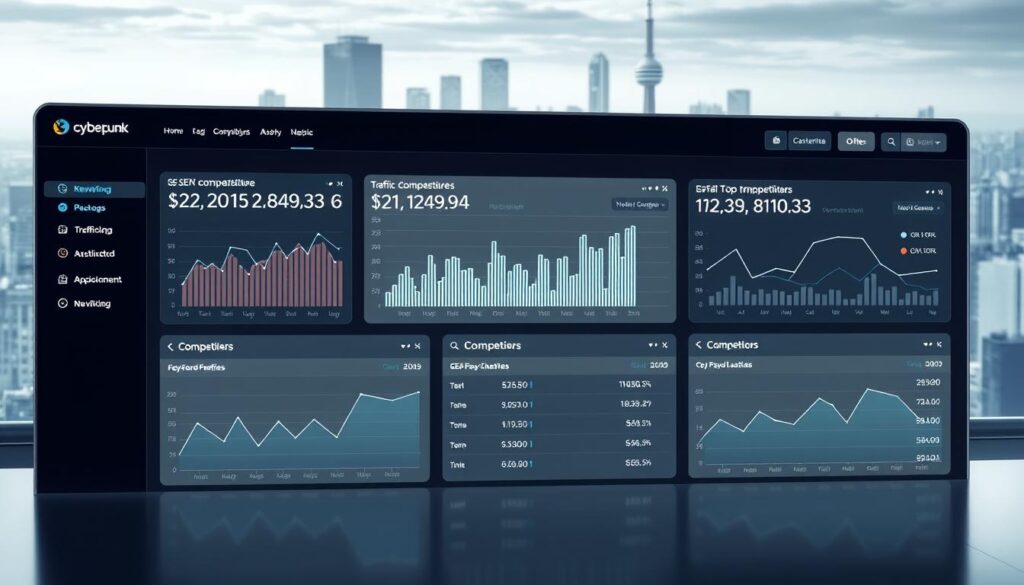 A sleek, modern dashboard displaying real-time SEO ranking data for a company's top competitors. The foreground features a series of interactive graphs and charts, showcasing fluctuations in keyword positions, traffic, and other crucial metrics. The middle ground depicts a clean, minimalist interface with intuitive navigation controls, allowing the user to easily toggle between different competitor profiles. In the background, a cityscape skyline subtly hints at the global scale of the SEO landscape. Soft, directional lighting creates a sense of depth and professionalism, while a neutral color palette of grays, whites, and blues conveys a sophisticated, analytical atmosphere. The overall composition is designed to provide a comprehensive, data-driven view of the competitive SEO environment.