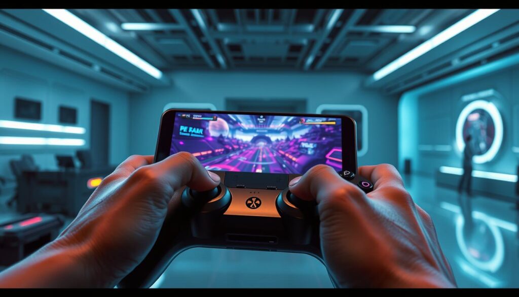 A sleek, modern gaming interface with a clean, minimalist design. In the foreground, a player's hands rest on a high-tech gamepad, their fingers poised over the controls. The display in the middle ground shows a detailed, immersive game world, rendered in vibrant colors and sharp, realistic details. The background features a minimalist, futuristic environment, with subtle lighting and a sense of depth and space. The overall atmosphere is one of seamless interactivity, where the player is fully immersed in the gaming experience.