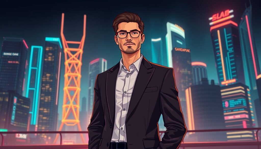A sleek, modern illustration of an exceptional online gaming platform operator. In the foreground, a professional-looking individual in a sharp suit stands confidently, representing the expertise and reliability of the service provider. Behind them, a futuristic, neon-lit cityscape reflects the cutting-edge technology and digital innovation that powers the gaming experience. Warm, ambient lighting casts a sophisticated glow, while the composition emphasizes the operator's role as a trusted guide, connecting players to an immersive, high-quality entertainment ecosystem. The scene conveys a sense of trust, innovation, and the provider's ability to deliver a seamless, top-tier gaming experience.