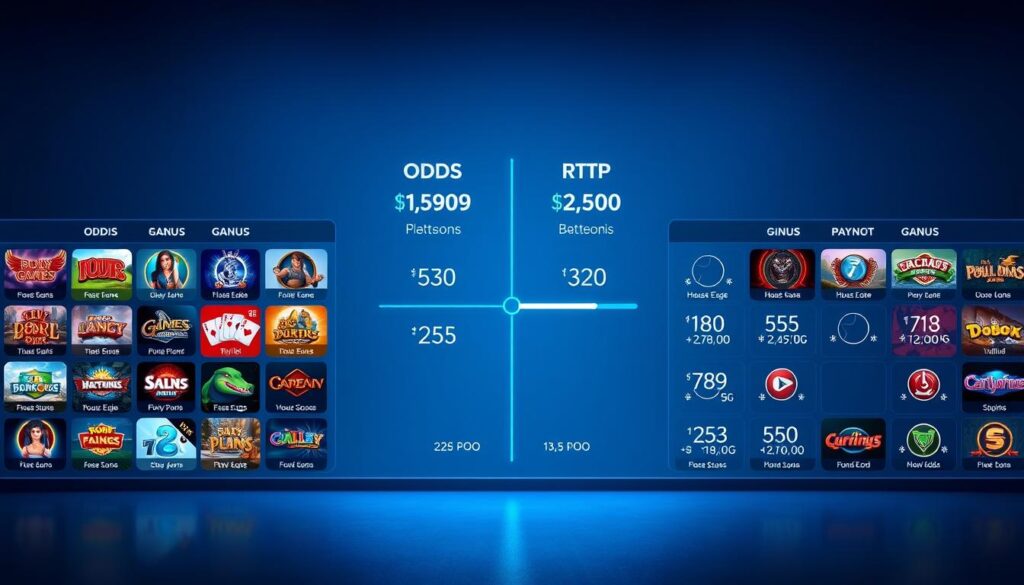A sleek, modern interface displaying a side-by-side comparison of odds and payouts for various online casino games. The foreground showcases a grid of game icons with clear, legible statistics including house edge, RTP, and potential payouts. The middle ground features an interactive slider to toggle between different game categories, allowing users to easily visualize the relative advantages. The background has a subtle gradient in shades of blue, evoking a sense of trust and professionalism. Lighting is soft and even, creating a clean, high-quality aesthetic. The entire scene conveys a sense of transparency and data-driven decision making for discerning online casino players.