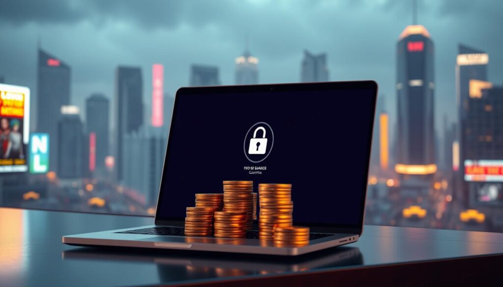A sleek, modern-looking online gambling platform with a clean, minimalist interface. In the foreground, a laptop or mobile device display shows a secure login page, with a lock icon and SSL certification details. The middle ground features stacks of gold coins, representing the financial security and fairness of the platform's operations. In the background, a cityscape with skyscrapers and neon signs creates an urban, sophisticated atmosphere. The lighting is warm and inviting, evoking a sense of trust and reliability. The overall composition conveys a perception of online gambling as a secure, regulated, and trustworthy experience.