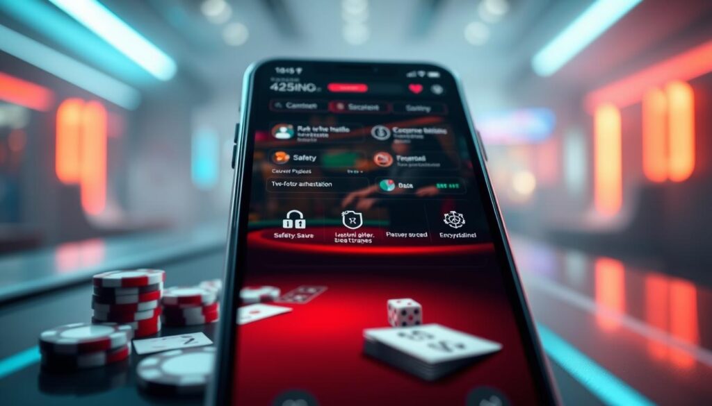 A sleek, modern mobile phone screen displaying a mobile casino app interface. The foreground features a highly detailed and realistic casino table with poker chips, cards, and dice. The middle ground shows various game icons and menus, with a focus on security and safety features like two-factor authentication and encrypted data transfer. The background blurs into a subtle, hazy gradient, conveying a sense of sophistication and high-tech atmosphere. The lighting is crisp and bright, highlighting the clean lines and seamless user experience. The overall mood is one of a secure, immersive mobile casino experience tailored for the discerning Taiwanese player.