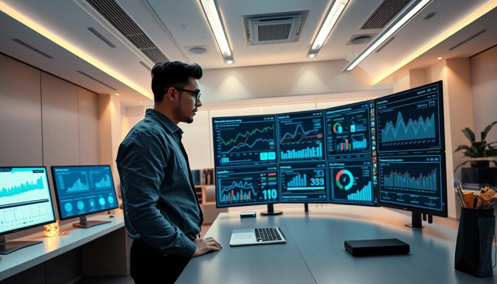 A sleek, modern office interior with a large, central desk. The user experience data is displayed on multiple high-resolution monitors, showing detailed graphs, charts, and analytics. Soft, directional lighting illuminates the space, creating a warm and productive atmosphere. The user, dressed in business casual attire, is intently analyzing the data, with a contemplative expression. The background features minimalist decor, clean lines, and neutral tones, allowing the data visualization to take center stage. The overall scene conveys a sense of professionalism, focus, and data-driven decision making.