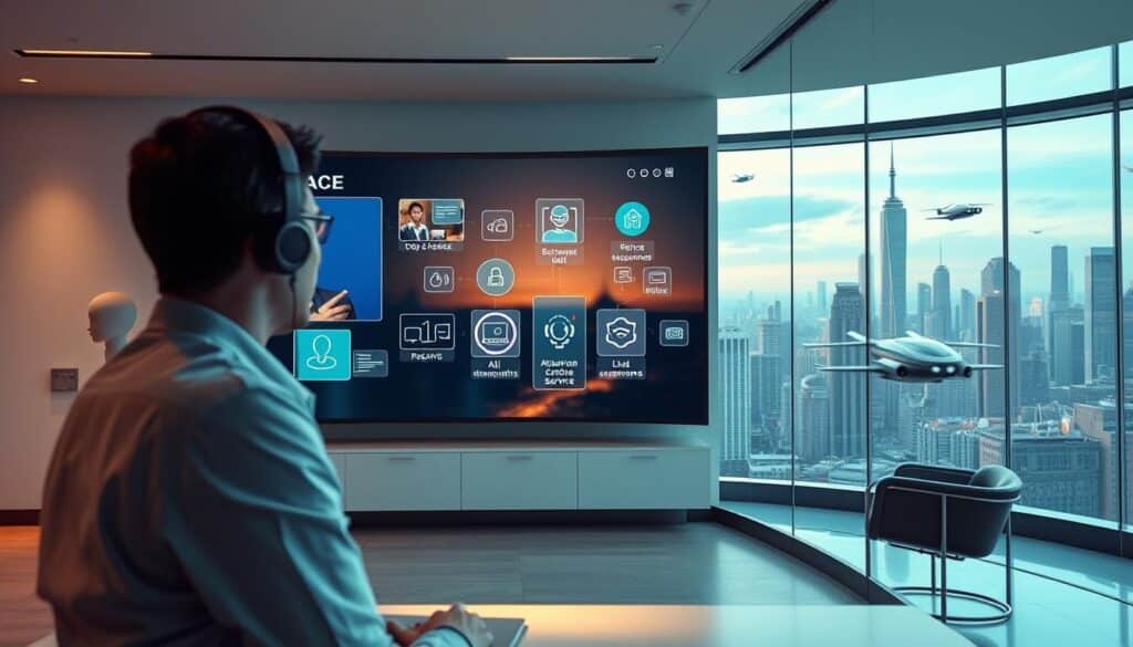 A sleek, modern office interior with minimalist decor and a large, curved video wall. In the foreground, a customer service agent wearing a headset is assisting a customer via video call, their interaction seamlessly blending physical and digital spaces. The middle ground showcases various AI-powered customer service tools, including chatbots, voice assistants, and real-time translation services. In the background, a panoramic view of a futuristic city skyline with towering skyscrapers and flying vehicles, symbolizing the integration of advanced technology into the customer experience. Soft, indirect lighting creates a warm, inviting atmosphere, while the overall composition conveys a sense of efficiency, innovation, and the evolution of digital customer support.