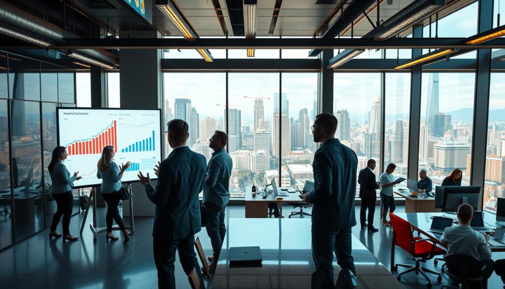 A sleek, modern office setting with a dynamic and vibrant atmosphere. In the foreground, a group of business executives engaged in a lively discussion, gesturing animatedly as they examine performance charts and data projected on a large screen. In the middle ground, a bustling open-plan workspace, with employees collaborating at standing desks and workstations, a sense of productive energy filling the air. The background features floor-to-ceiling windows, offering a panoramic view of a thriving cityscape, skyscrapers and cranes dotting the horizon, reflecting the competitive nature of the market. Warm, directional lighting casts a glow over the scene, emphasizing the importance and significance of the award system in driving the company's market competitiveness.