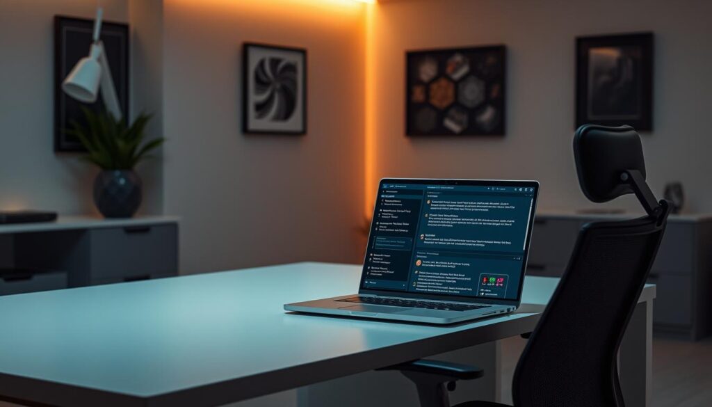 A sleek, modern office setting with a large desk and ergonomic chair. On the desk, a laptop displays a troubleshooting guide for an online casino, its interface showcasing detailed step-by-step instructions and diagnostic tools. Soft, indirect lighting casts a warm glow, creating a focused, professional atmosphere. The walls are adorned with minimalist decor, hinting at the digital nature of the subject matter. The whole scene conveys a sense of expertise and efficiency in tackling technical challenges within the online gambling industry.