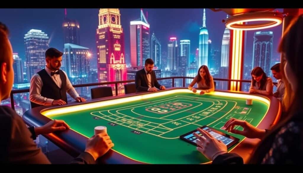 A sleek, modern online baccarat table set against a backdrop of a vibrant, neon-lit cityscape. The table is bathed in a warm, golden glow, with the green felt surface inviting players to take their seats. Elegant croupiers stand ready, their uniforms crisp and professional. In the foreground, a group of players, their faces aglow with excitement, place their bets, their fingers dancing across the touchscreen interface. In the distance, the glittering skyscrapers of a bustling metropolis provide a dramatic setting, hinting at the thrill and potential rewards of online baccarat. The overall atmosphere is one of sophistication, technology, and the allure of high-stakes gaming.