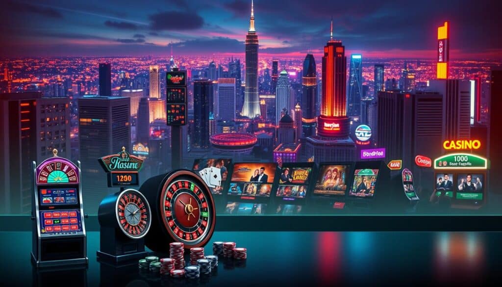 A sleek, modern online casino interface against a backdrop of vibrant city lights. In the foreground, a variety of casino game icons such as slot machines, roulette wheels, and poker chips are displayed in a clean, minimalist layout. The middle ground showcases detailed graphics of popular casino games in action, with players immersed in the thrilling gameplay. The background features a dynamic skyline, with skyscrapers and neon signs creating an alluring urban atmosphere. The lighting is soft and warm, evoking a sense of excitement and sophistication. The overall composition conveys the seamless integration of technology and entertainment, inviting the viewer to explore the numerous gaming options available in this captivating online casino.