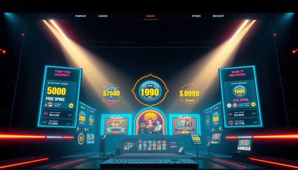 A sleek, modern online casino interface showcasing its sophisticated rewards system. In the foreground, a captivating neon-lit display highlights various bonus offers, free spins, and jackpot amounts, drawing the viewer's attention. The middle ground features an array of gaming icons and interactive elements, conveying the excitement and engagement of the platform. In the background, a subtle gradient backdrop sets an atmospheric tone, complemented by subtle lighting effects that emanate a sense of prestige and high-end entertainment. The overall composition exudes a sense of technological sophistication, financial opportunity, and a thrilling gaming experience.