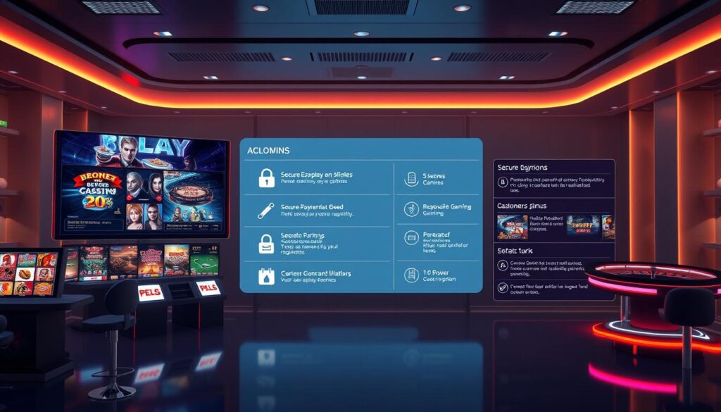 A sleek, modern online casino interface with a focus on security and player safety. In the foreground, a serene, welcoming gaming lobby with minimal, elegant design elements. Vibrant, high-definition graphics of popular casino games like slots, roulette, and blackjack displayed on large, high-resolution screens. In the midground, a seamless, user-friendly menu system highlighting secure payment options, responsible gaming tools, and customer support resources. The background features a subtle, calming color palette, perhaps with muted lighting and a sense of digital tranquility, conveying a sense of trust and reliability. The overall atmosphere should inspire confidence in the casino's commitment to player protection and fair, regulated operations.