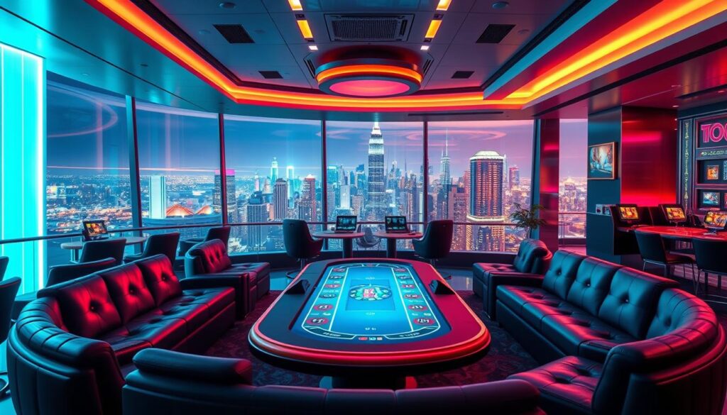 A sleek, modern online casino interior with a vibrant, neon-infused atmosphere. The scene features a central gaming table surrounded by plush seating, illuminated by a mix of warm and cool lighting. The background showcases a panoramic view of a bustling city skyline, seen through large, floor-to-ceiling windows. The overall aesthetic is sophisticated, with clean lines, polished surfaces, and subtle gaming-themed accents. A sense of energetic excitement and luxury pervades the space, inviting players to immerse themselves in the thrilling world of legal online entertainment.