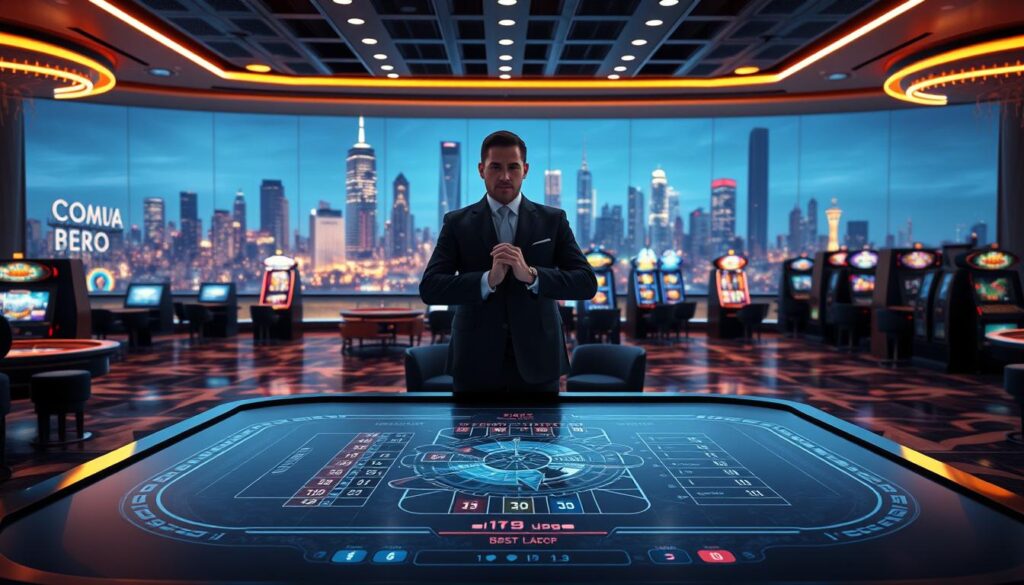 A sleek, modern online casino lobby with a focus on legality and security. The foreground features a large virtual gaming table, with a dealer standing behind it, hands clasped in a professional manner. The middle ground showcases various casino games such as roulette, blackjack, and slot machines, all rendered in a high-quality, realistic style. The background depicts a city skyline at night, with a warm, glowing atmosphere and a sense of sophistication. The lighting is soft and subtle, creating a welcoming and trustworthy ambiance. The overall scene conveys the idea of a reputable, regulated online gaming environment that prioritizes player safety and compliance.