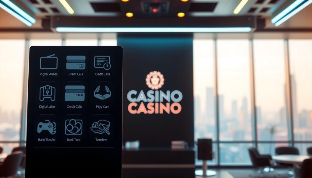 A sleek, modern online casino lobby with a focus on various payment method icons. The foreground features a clean, minimalist display of digital wallets, credit cards, and bank transfer options. The middle ground showcases a subtle, elegant casino branding and a sense of security and legitimacy. The background depicts a softly blurred city skyline, hinting at the global reach and accessibility of the online gambling platform. The lighting is warm and inviting, creating a sophisticated and trustworthy atmosphere. The camera angle is slightly elevated, giving an overview of the payment options while maintaining a sense of refinement and professionalism.