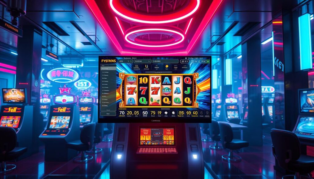 A sleek, modern online casino platform showcasing a variety of vibrant, engaging games. The foreground features a large, high-resolution display screen showcasing an immersive slot machine game, with dynamic lighting and cinematic camera angles. The middle ground depicts a clean, minimalist user interface with intuitive navigation menus and smooth animations. The background sets the scene with a stylish, futuristic casino interior, complete with neon-lit accents, glossy surfaces, and a sense of technological sophistication. The overall mood is one of excitement, sophistication, and the promise of thrilling gaming experiences for the discerning Taiwanese player.