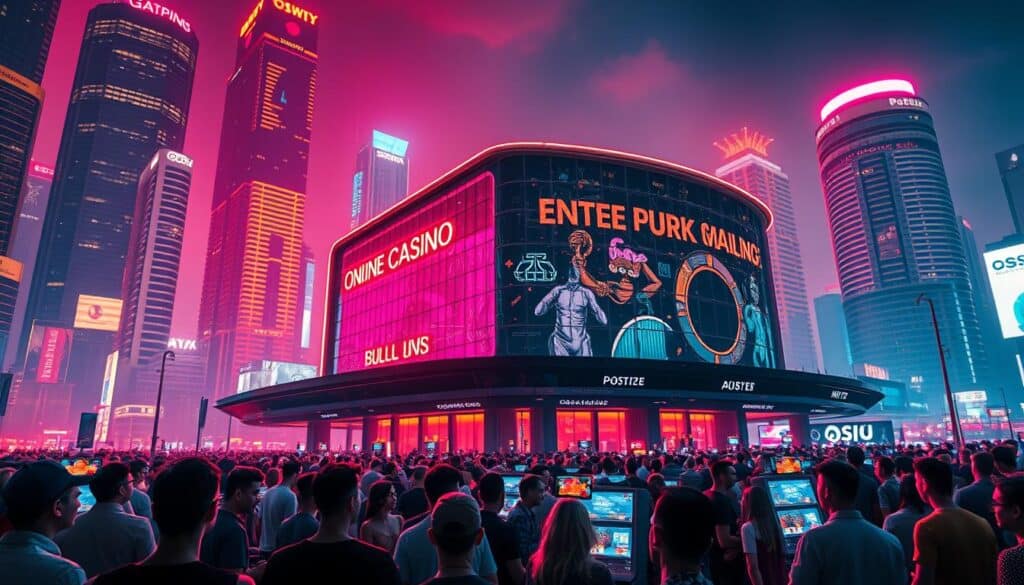 A sleek, modern online casino rises amidst a bustling city skyline, its neon-lit facade commanding attention. In the foreground, a throng of eager players gather, their faces aglow with the excitement of the digital gaming experience. The scene is captured with a cinematic wide-angle lens, showcasing the scale and grandeur of this new entertainment hub. Warm, vibrant lighting casts a captivating glow, accentuating the dynamic energy of the space. The background is a blend of towering skyscrapers and a vibrant nightscape, highlighting the meteoric rise of the online gambling industry in this urban setting. The overall composition conveys a sense of progress, innovation, and the increasing appeal of digital entertainment among modern audiences.
