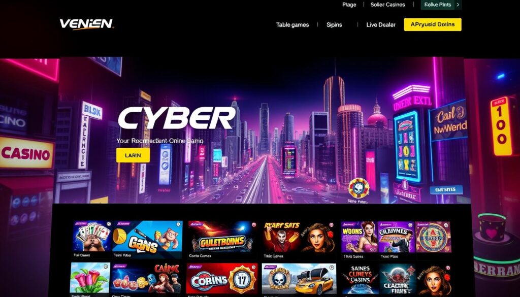 A sleek, modern online casino website set against a backdrop of neon lights and vibrant colors. In the foreground, a variety of casino games are displayed, including slots, table games, and live dealer options. The middle ground features stylized icons and graphics, conveying the diverse entertainment options available. The background showcases a dynamic cityscape, hinting at the excitement and energy of the online casino experience. The lighting is warm and inviting, creating a sense of anticipation and allure. The overall composition is visually striking, reflecting the cutting-edge technology and thrilling atmosphere of the recommended online entertainment destination.