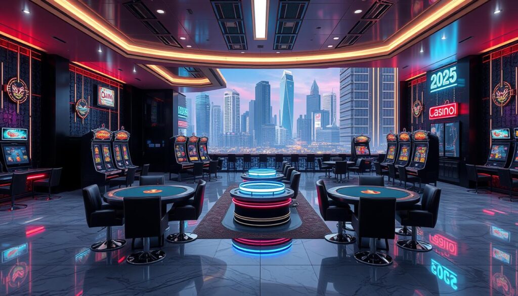 A sleek, modern online casino website set in the year 2025. The homepage features a striking 3D casino lobby with low-key lighting, polished marble floors, and plush leather seating. Holographic slot machines and digital poker tables fill the mid-ground, surrounded by gleaming chrome and glass accents. In the background, a cityscape of futuristic skyscrapers and neon-lit signage creates an immersive cyberpunk atmosphere. The overall aesthetic blends timeless elegance with cutting-edge technology, conveying a sense of sophistication and innovation for the ultimate online gambling experience.