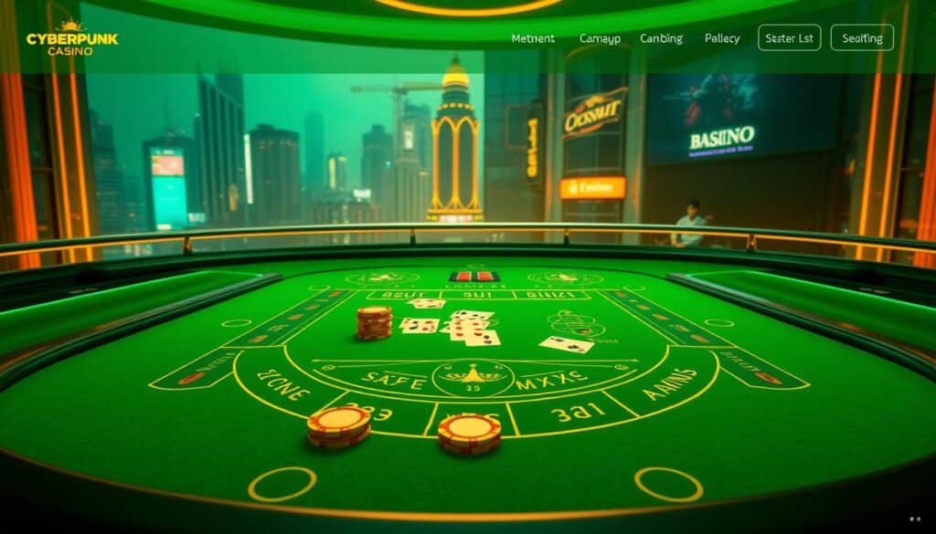 A sleek, modern online casino website with a seamless, user-friendly interface. Vibrant green and gold color scheme, conveying a sense of luxury and security. At the center, a captivating image of a classic baccarat table, with cards and chips in perfect arrangement. Sophisticated lighting casts a warm glow, creating an inviting atmosphere. In the background, a subtle cityscape with high-rise buildings and neon signage, suggesting the excitement of a bustling metropolis. The overall impression is one of a safe, legitimate online gambling experience that caters to discerning players.