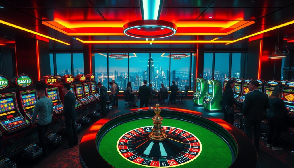 A sleek, modern online casino with a captivating neon-lit interior. The foreground features a roulette table surrounded by well-dressed patrons, the green felt surface reflecting the vibrant colors of the overhead lighting. In the middle ground, rows of slot machines beckon with their flashing displays, while the background showcases a panoramic view of the city skyline through large windows, creating a sense of urban sophistication. The scene is bathed in a warm, atmospheric lighting that evokes a sense of excitement and entertainment. The overall composition conveys the allure and thrill of the online gaming experience.