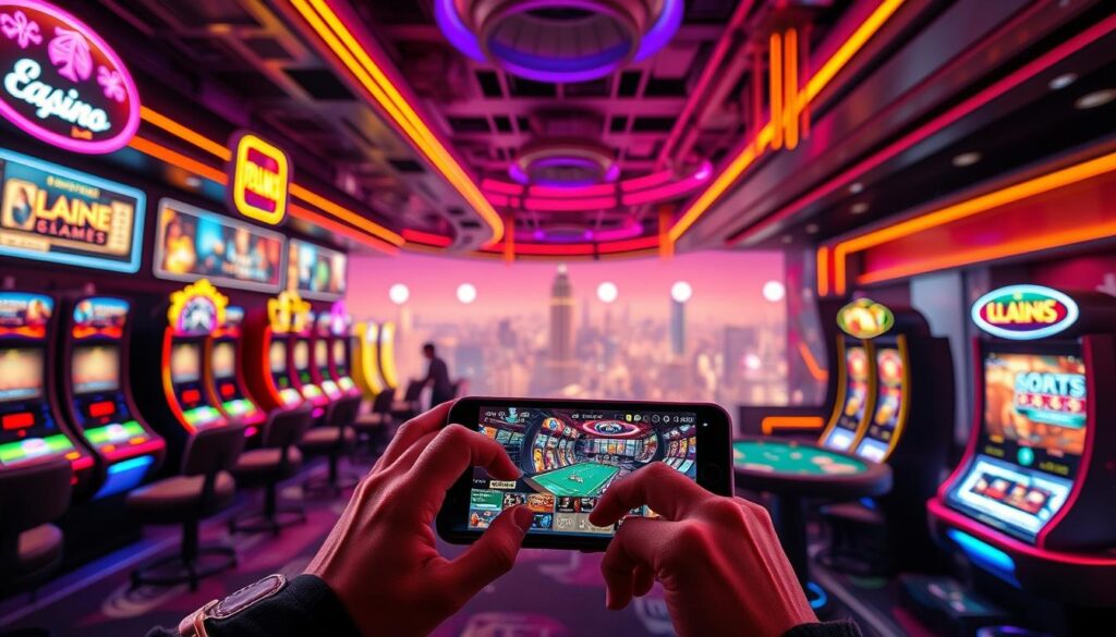 A sleek, modern online casino with a vibrant, neon-lit atmosphere. In the foreground, a player's hands grip a smartphone, immersed in the thrill of live table games, slot machines, and digital sports betting. The middle ground showcases the breadth of entertainment, from high-stakes poker to immersive VR experiences. In the background, a panoramic view of a bustling city skyline, reflecting the 24/7 accessibility and convenience of this digital oasis. Warm lighting casts a energetic glow, conveying the excitement and potential rewards of this cutting-edge gaming environment.
