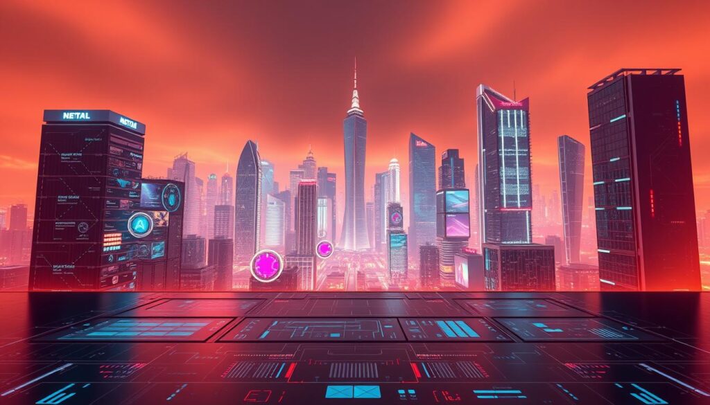 A sleek, modern online entertainment platform dominates the foreground, its interface showcasing the latest in interactive gaming and immersive digital experiences. In the middle ground, AI-powered data analytics and personalization tools seamlessly integrate, optimizing the user experience. The background depicts a cityscape of towering tech hubs, symbolizing the rapid technological advancements driving the evolution of the online entertainment industry. Warm, diffused lighting creates a sophisticated, forward-looking atmosphere, conveying the profound impact of innovation on the digital entertainment landscape.